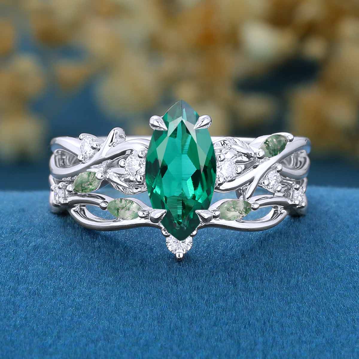 Marquise cut Lab Emerald Engagement Ring & Nature Inspired Moss Agate Wedding Bridal Set