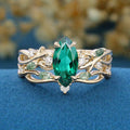 Marquise cut Lab Emerald Engagement Ring & Nature Inspired Moss Agate Wedding Bridal Set