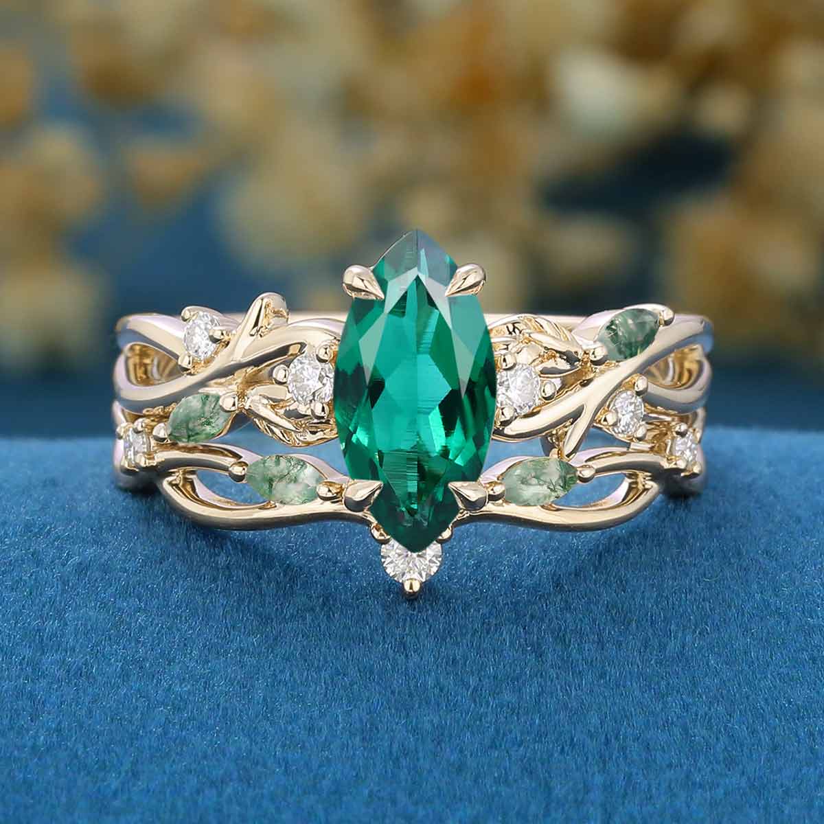 Marquise cut Lab Emerald Engagement Ring & Nature Inspired Moss Agate Wedding Bridal Set