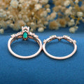 Marquise cut Lab Emerald Engagement Ring & Nature Inspired Moss Agate Wedding Bridal Set