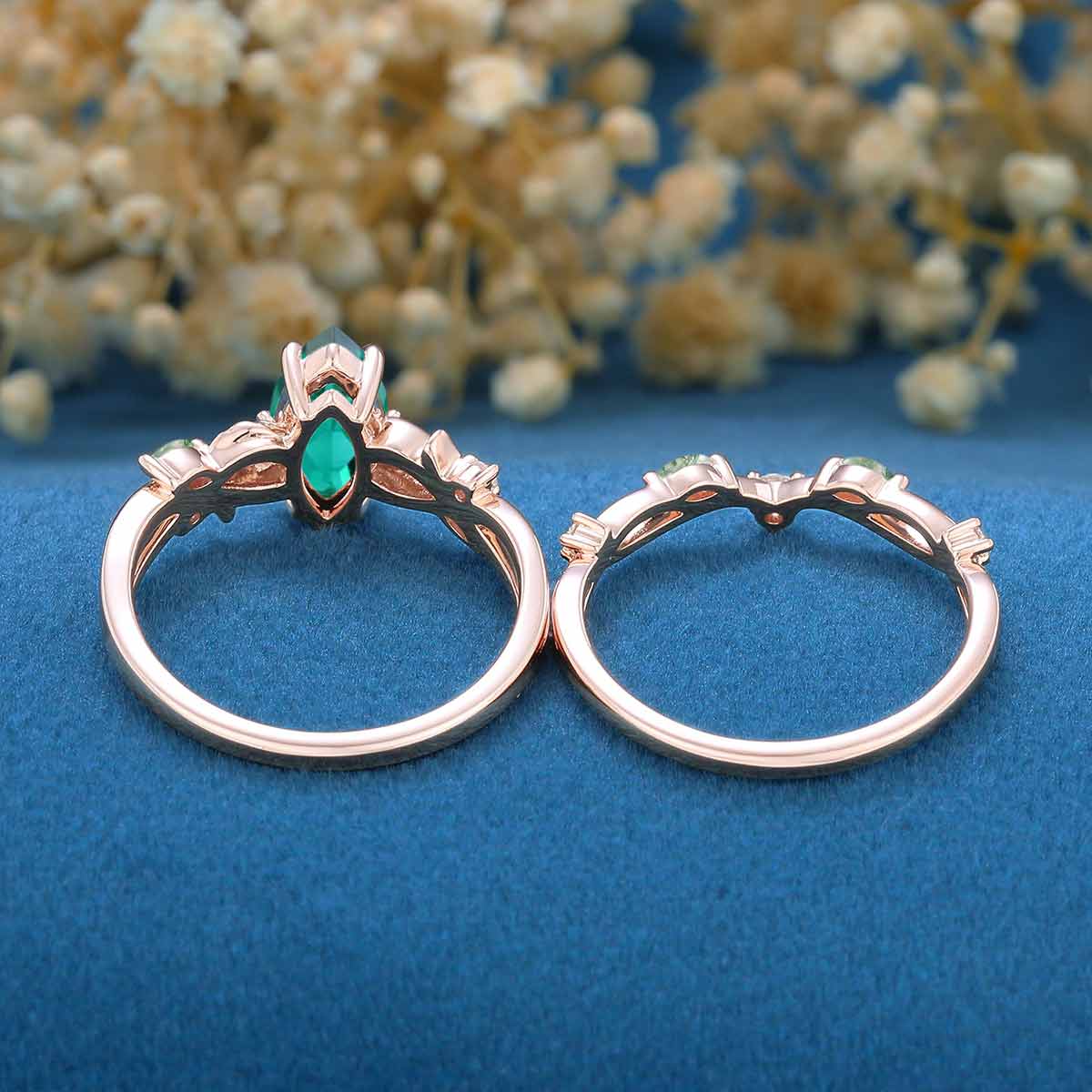 Marquise cut Lab Emerald Engagement Ring & Nature Inspired Moss Agate Wedding Bridal Set