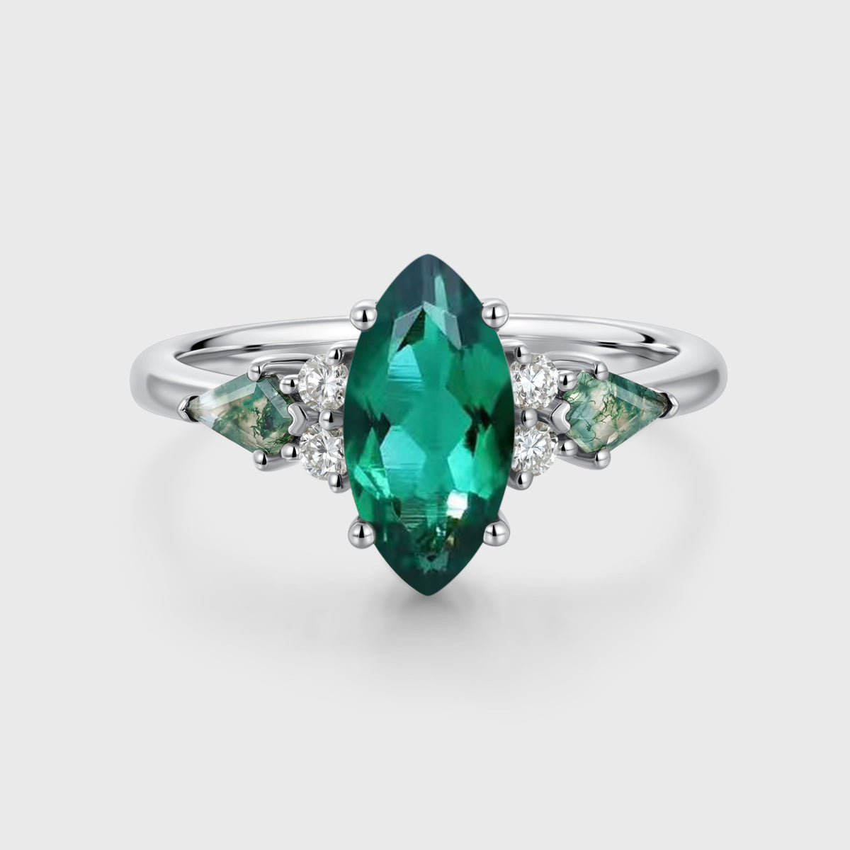 Marquise cut Lab Emerald & Moss Agate Solid Gold Engagement Ring