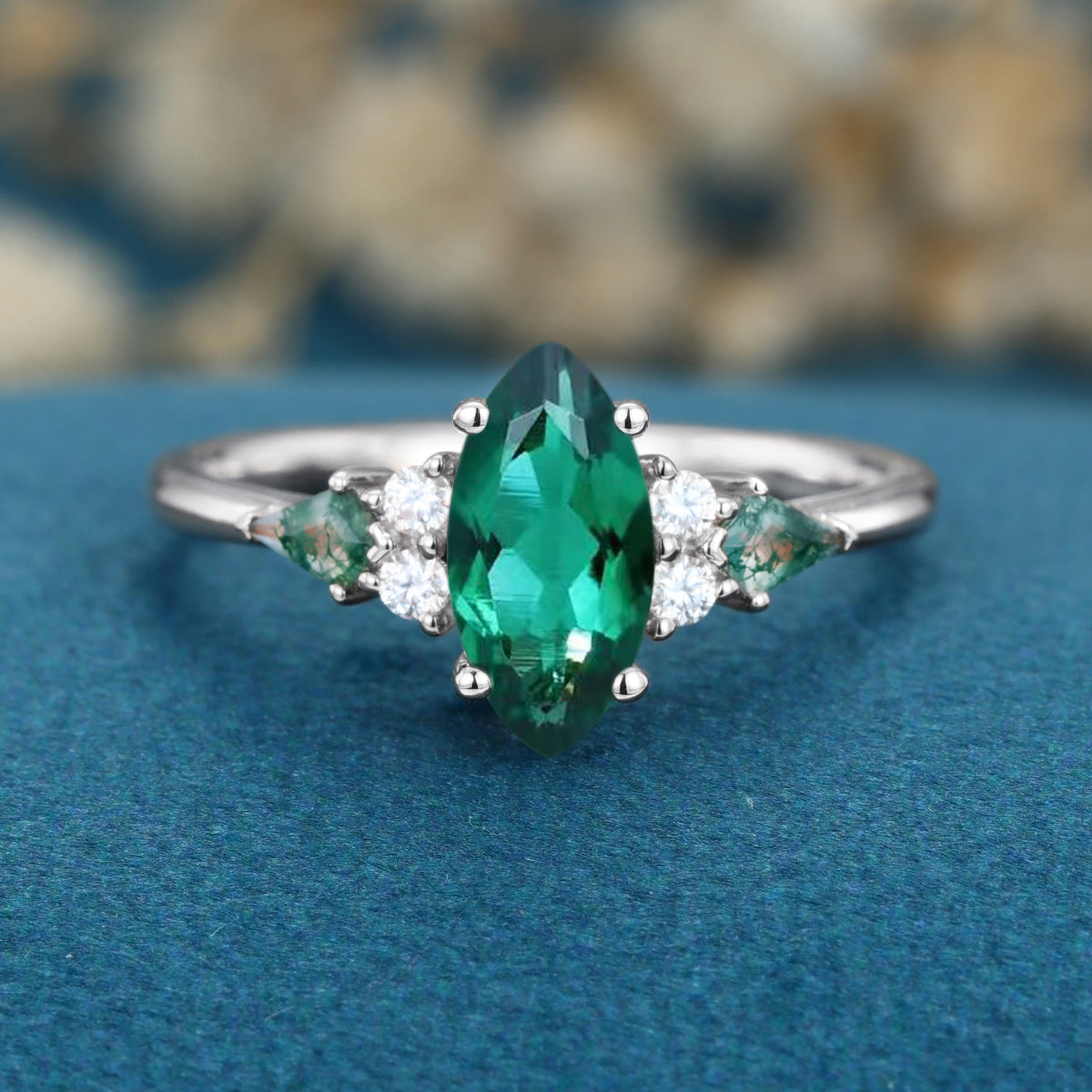 Marquise cut Lab Emerald & Moss Agate Solid Gold Engagement Ring