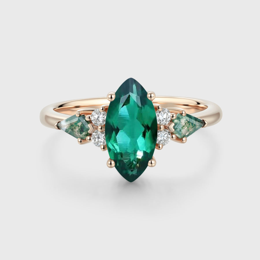 Marquise cut Lab Emerald & Moss Agate Solid Gold Engagement Ring