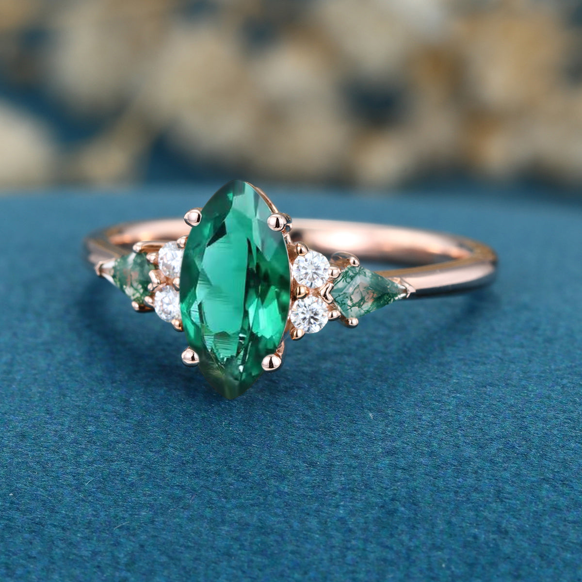 Marquise cut Lab Emerald & Moss Agate Solid Gold Engagement Ring