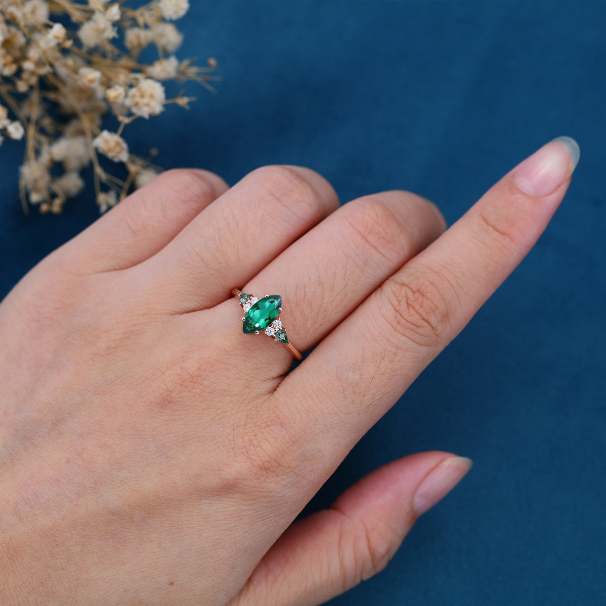 Marquise cut Lab Emerald & Moss Agate Solid Gold Engagement Ring