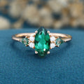 Marquise cut Lab Emerald & Moss Agate Solid Gold Engagement Ring