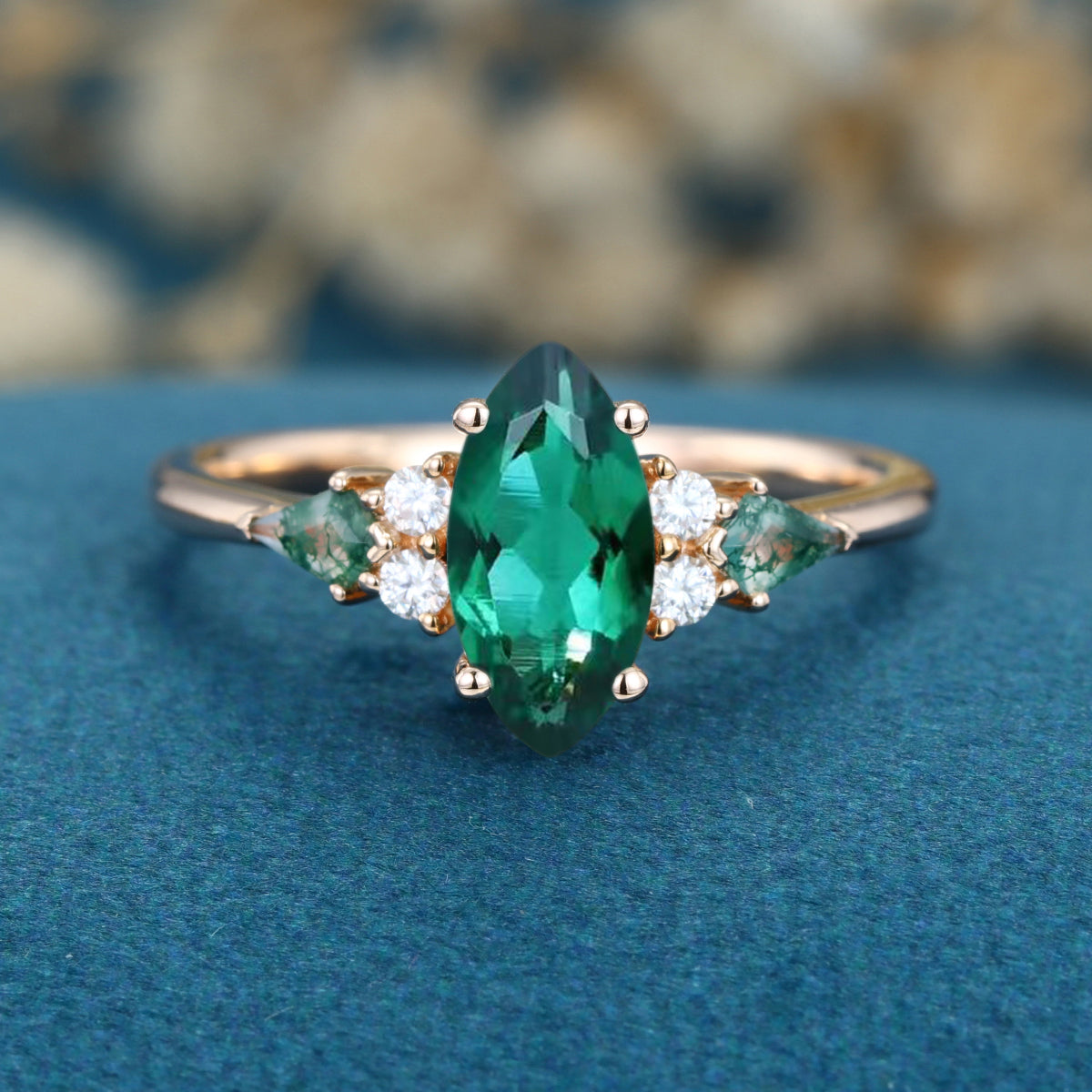 Marquise cut Lab Emerald & Moss Agate Solid Gold Engagement Ring