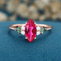 Marquise cut Lab Ruby & Moss Agate Solid Gold Engagement Ring