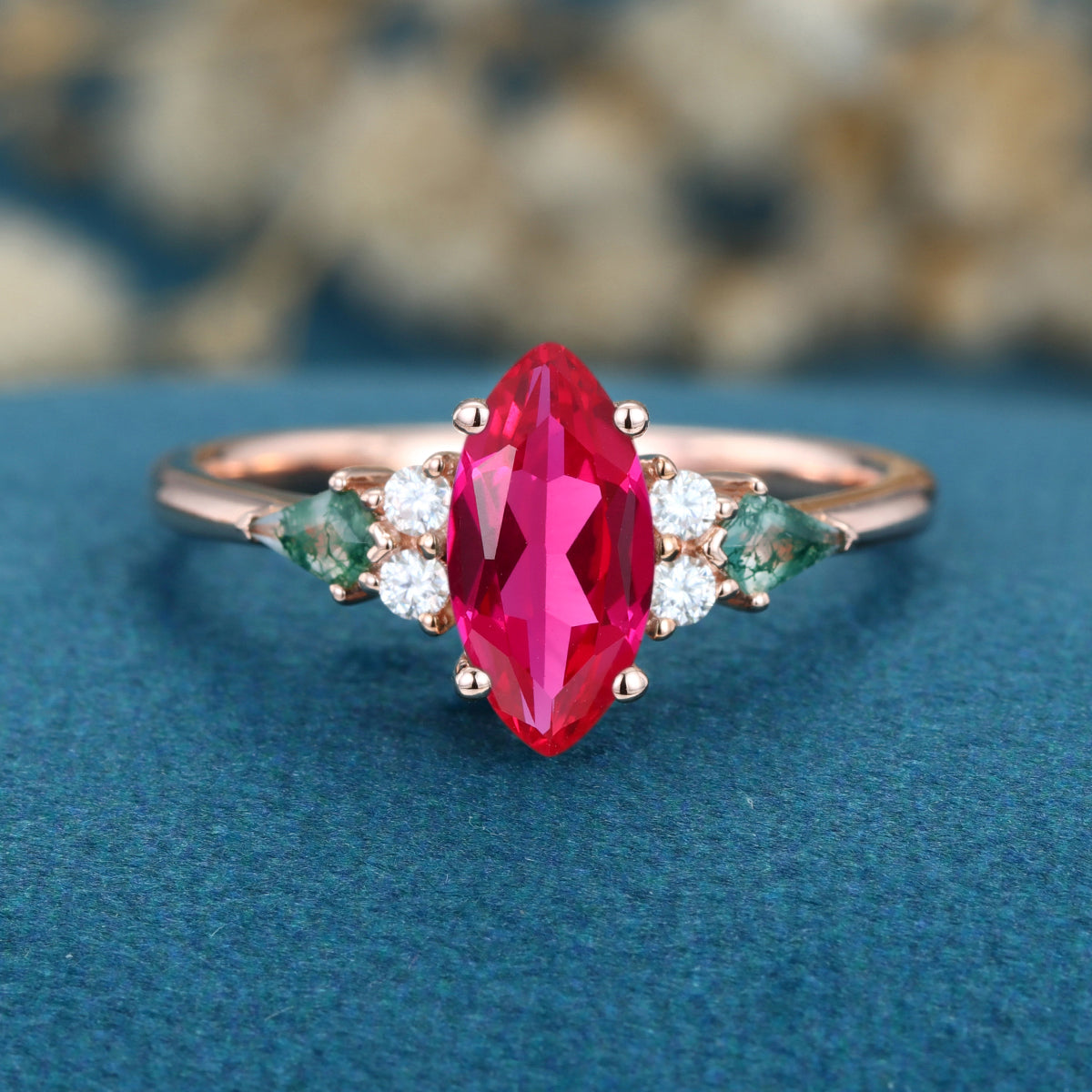Marquise cut Lab Ruby & Moss Agate Solid Gold Engagement Ring