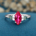Marquise cut Lab Ruby & Moss Agate Solid Gold Engagement Ring