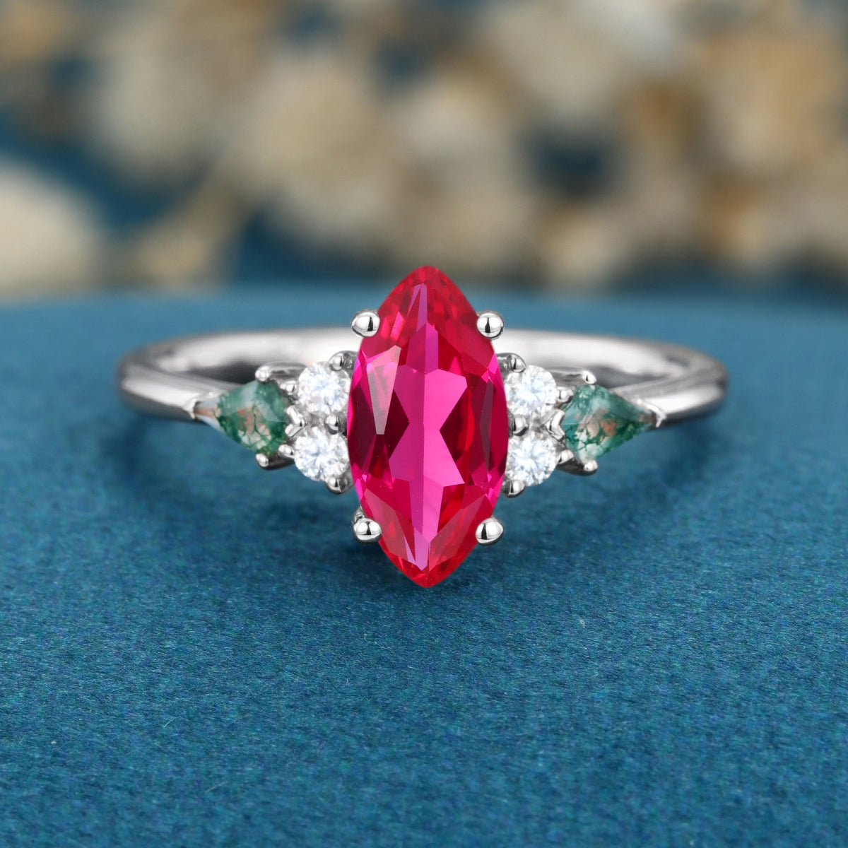 Marquise cut Lab Ruby & Moss Agate Solid Gold Engagement Ring