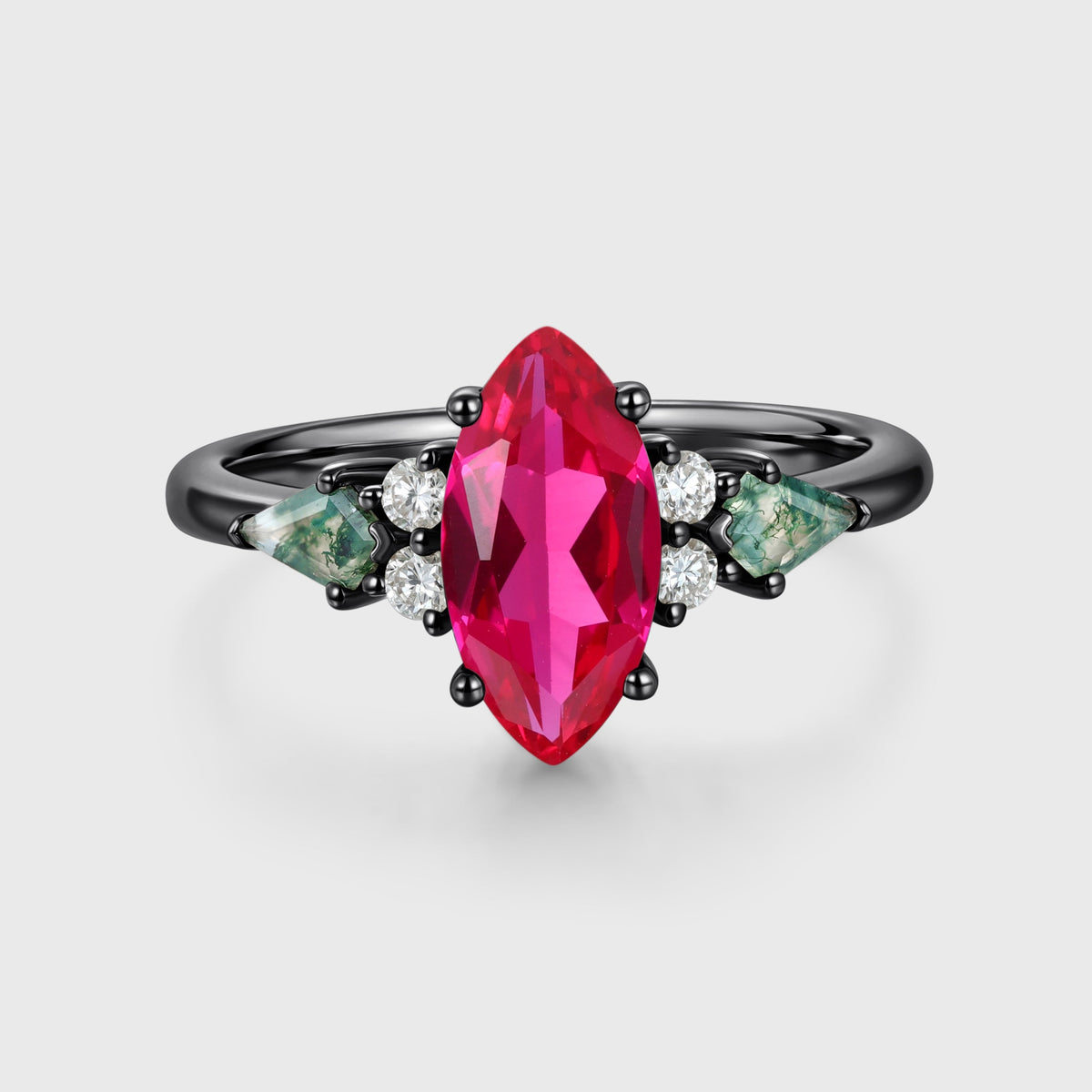 Marquise cut Lab Ruby & Moss Agate Solid Gold Engagement Ring
