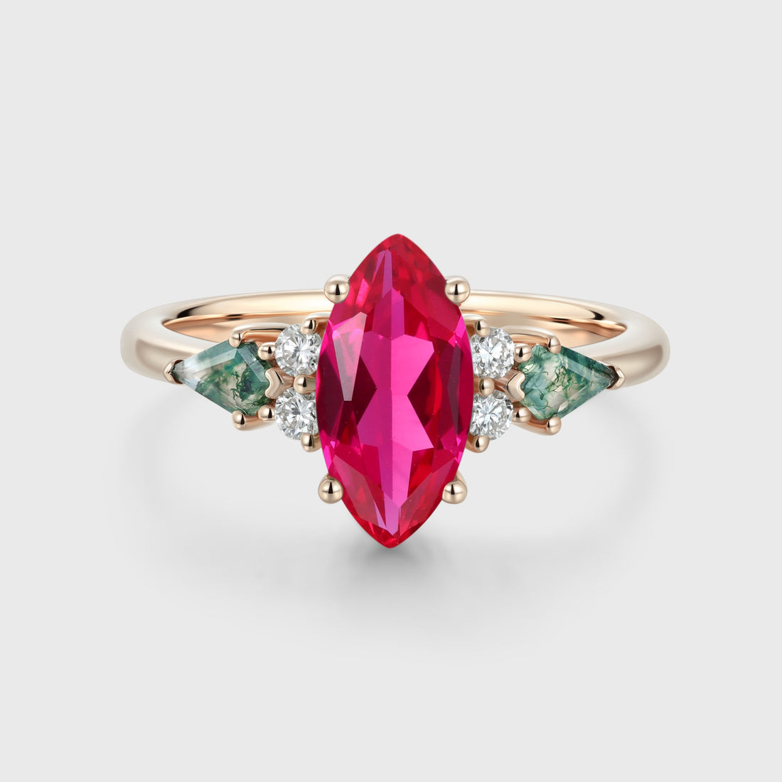 Marquise cut Lab Ruby & Moss Agate Solid Gold Engagement Ring