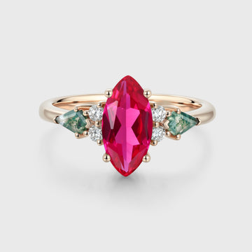 Marquise cut Lab Ruby & Moss Agate Solid Gold Engagement Ring