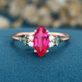 Marquise cut Lab Ruby & Moss Agate Solid Gold Engagement Ring