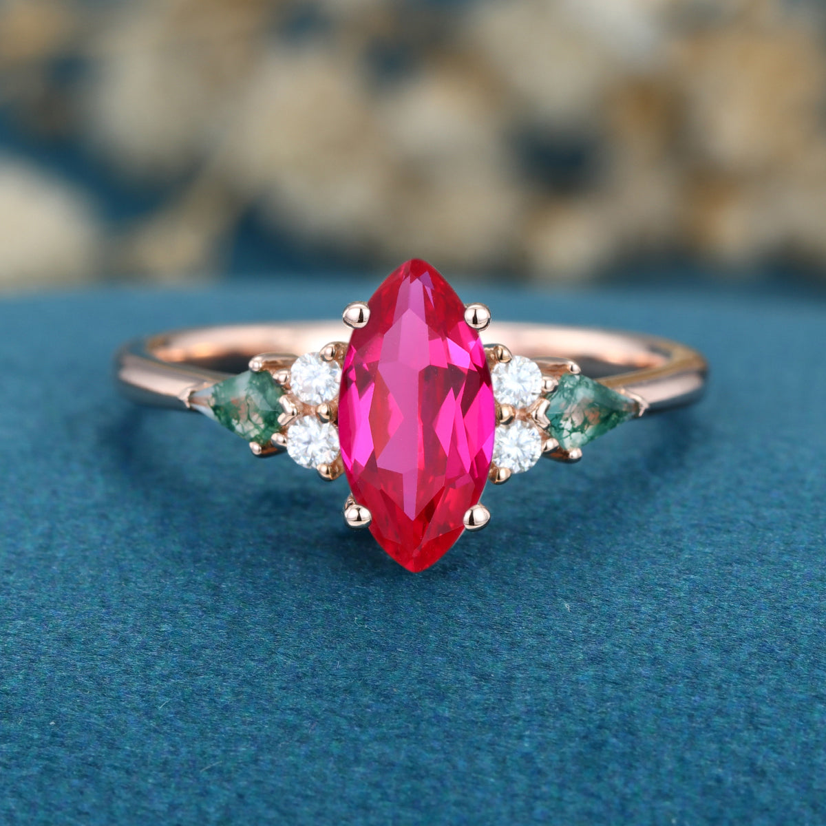 Marquise cut Lab Ruby & Moss Agate Solid Gold Engagement Ring