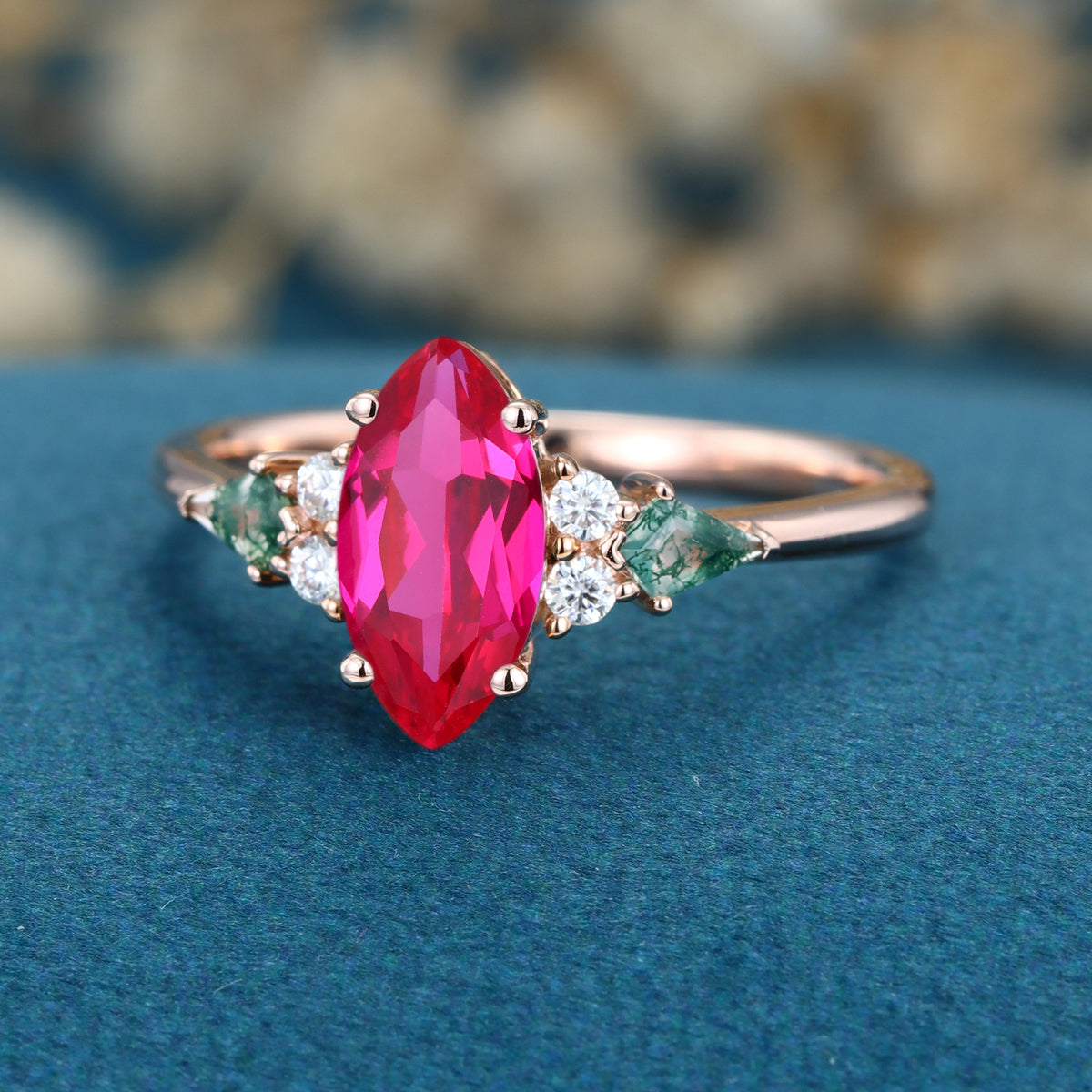 Marquise cut Lab Ruby & Moss Agate Solid Gold Engagement Ring