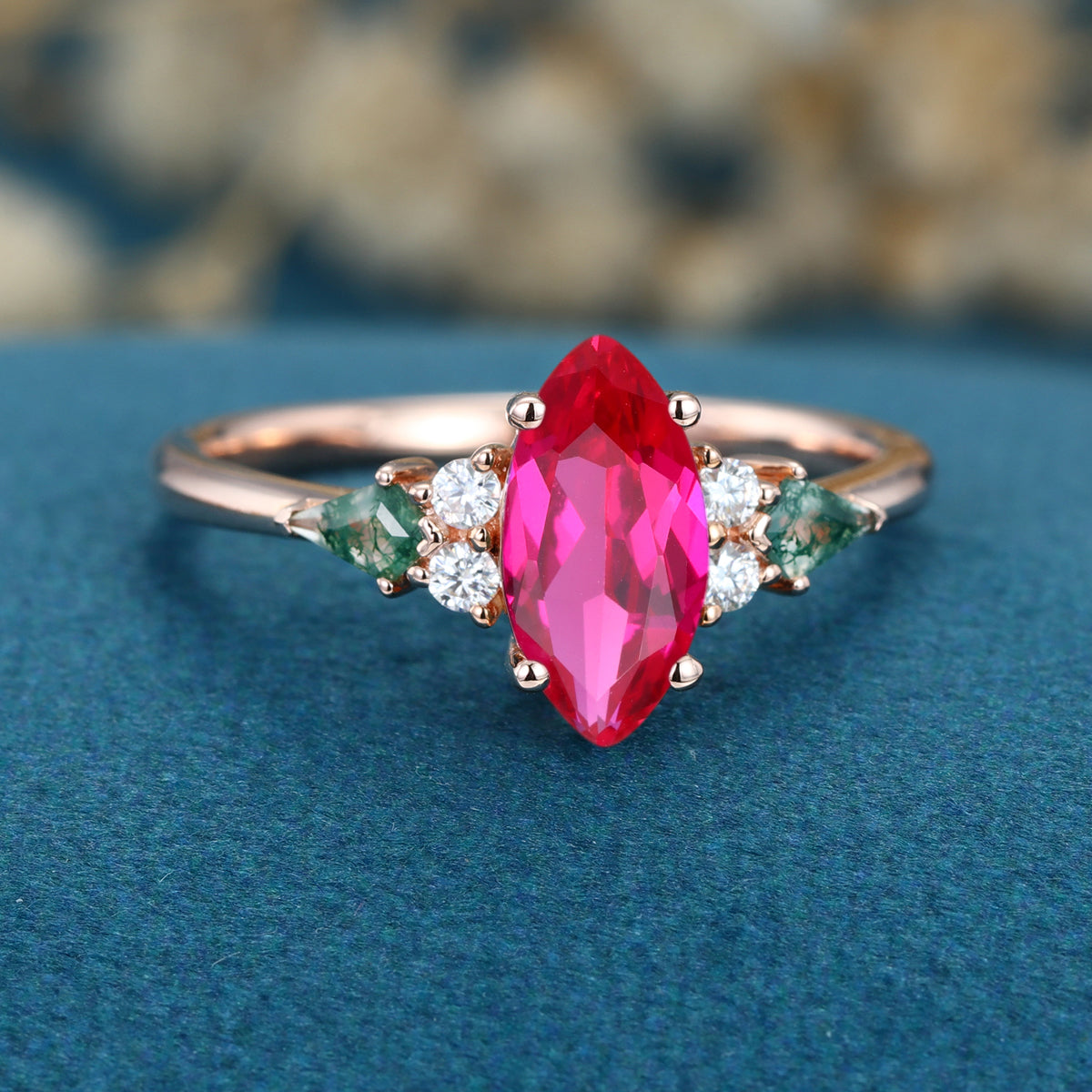 Marquise cut Lab Ruby & Moss Agate Solid Gold Engagement Ring