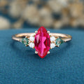 Marquise cut Lab Ruby & Moss Agate Solid Gold Engagement Ring
