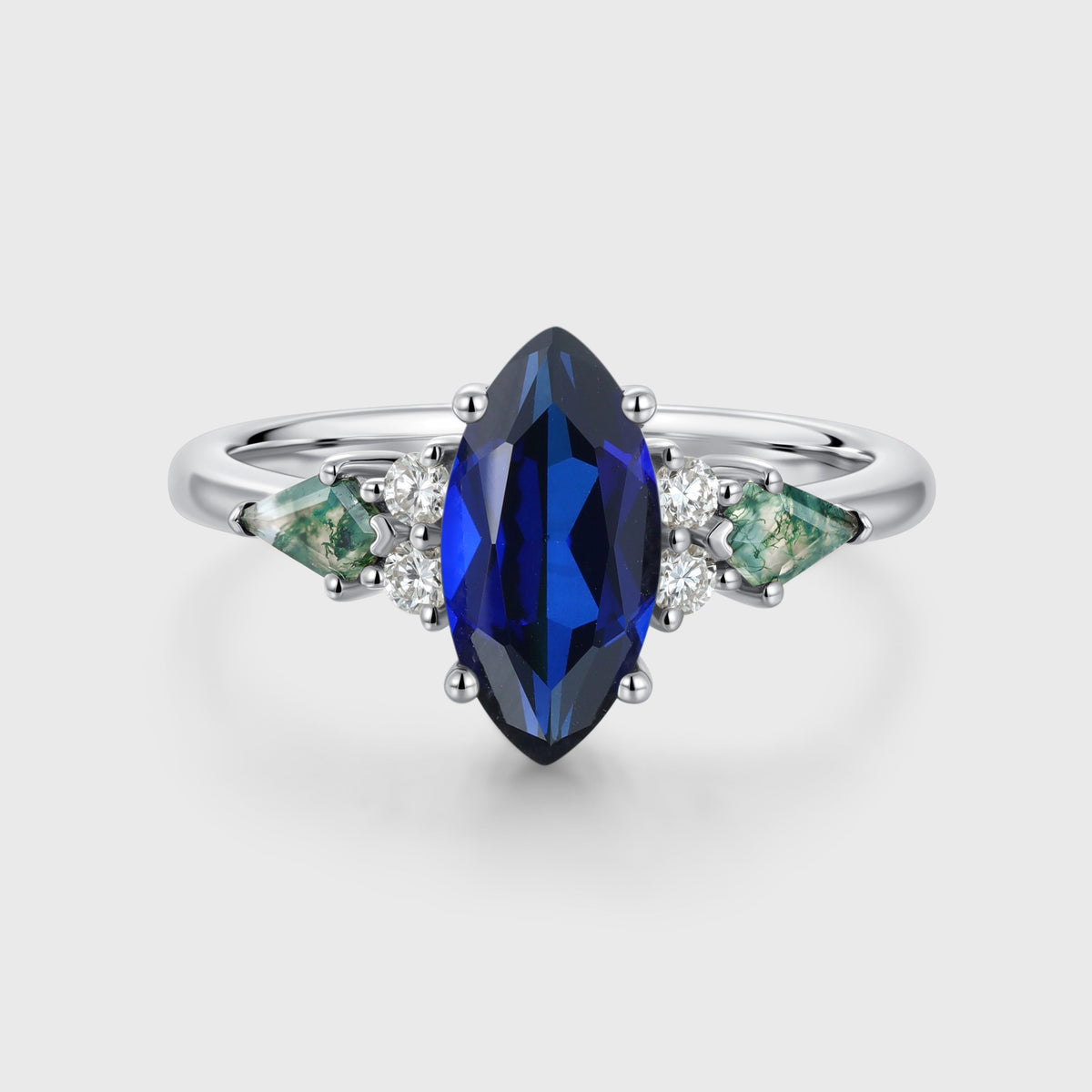 Marquise cut Lab Sapphire & Moss Agate Solid Gold Engagement Ring