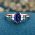 Marquise cut Lab Sapphire & Moss Agate Solid Gold Engagement Ring