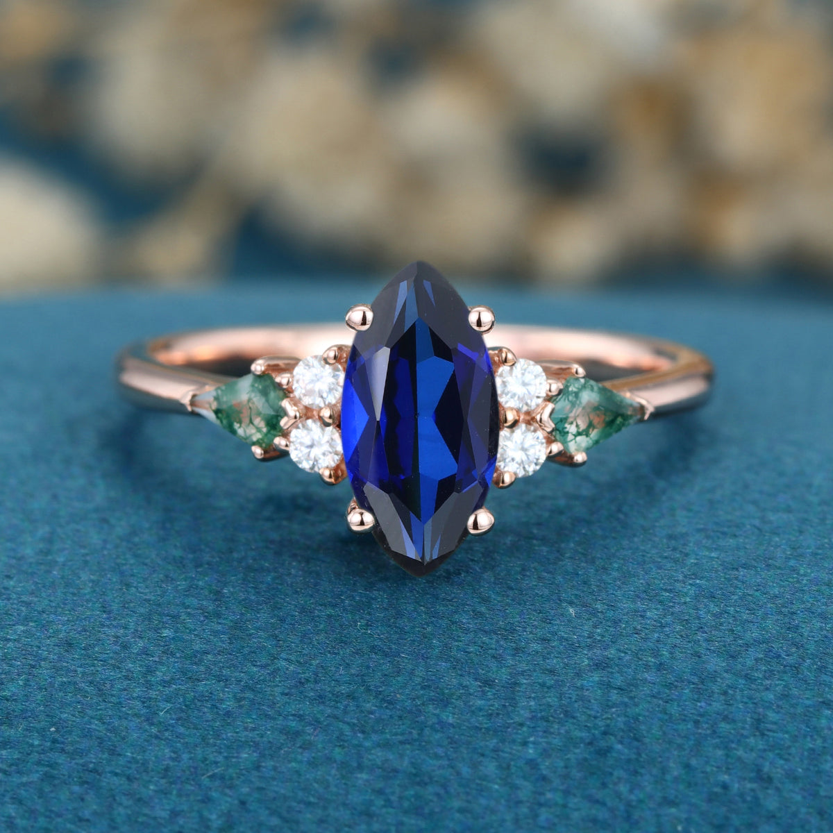 Marquise cut Lab Sapphire & Moss Agate Solid Gold Engagement Ring