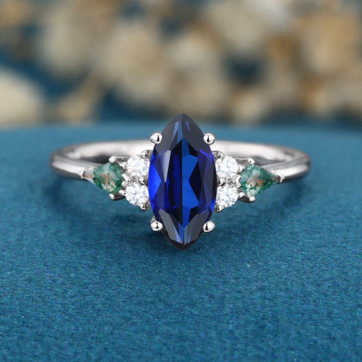 Marquise cut Lab Sapphire & Moss Agate Solid Gold Engagement Ring