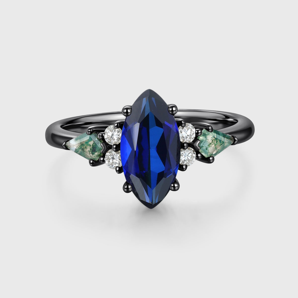 Marquise cut Lab Sapphire & Moss Agate Solid Gold Engagement Ring