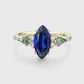 Marquise cut Lab Sapphire & Moss Agate Solid Gold Engagement Ring