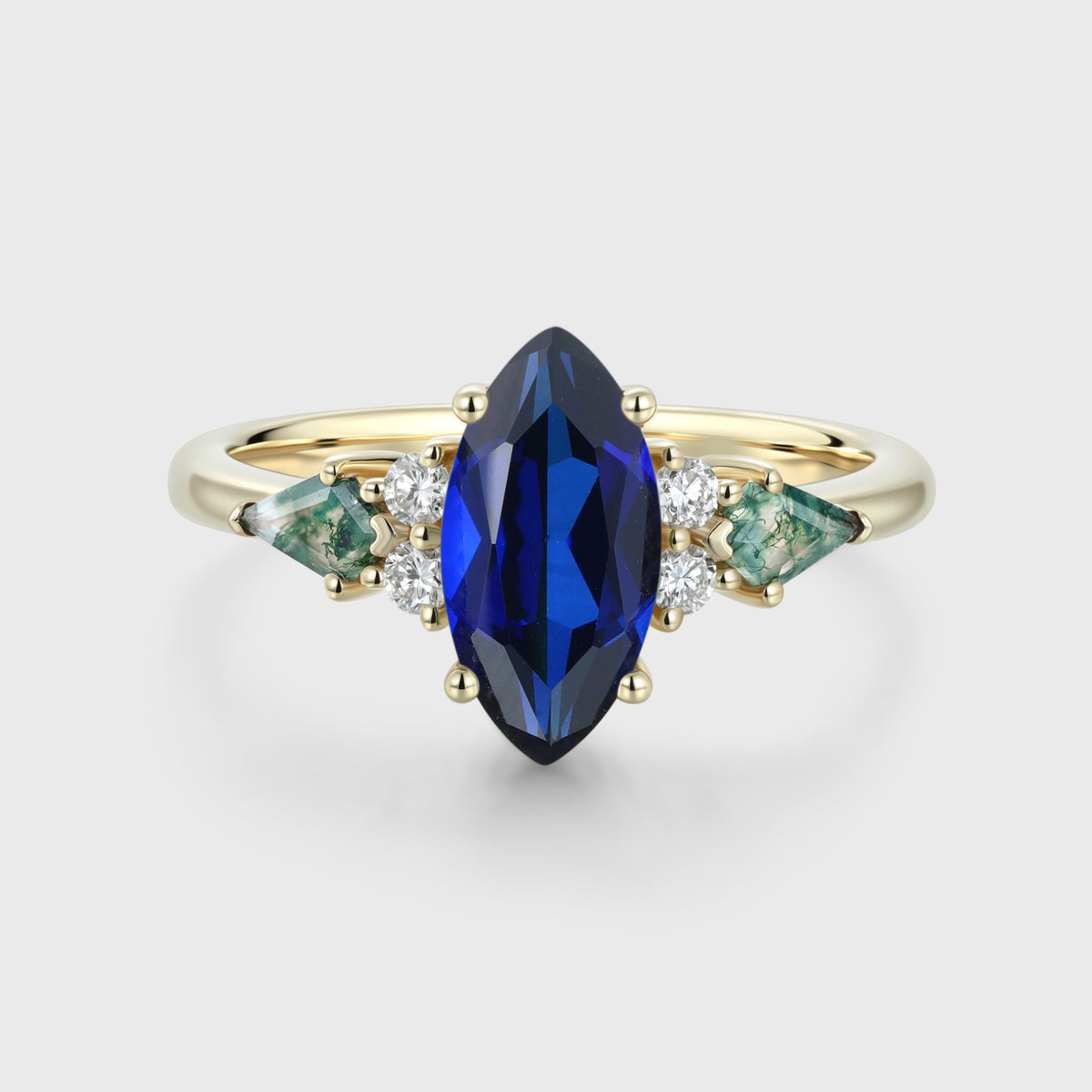 Marquise cut Lab Sapphire & Moss Agate Solid Gold Engagement Ring