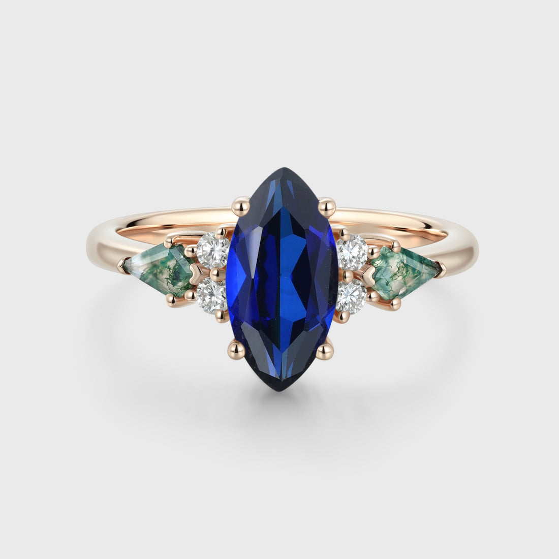 Marquise cut Lab Sapphire & Moss Agate Solid Gold Engagement Ring