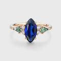 Marquise cut Lab Sapphire & Moss Agate Solid Gold Engagement Ring