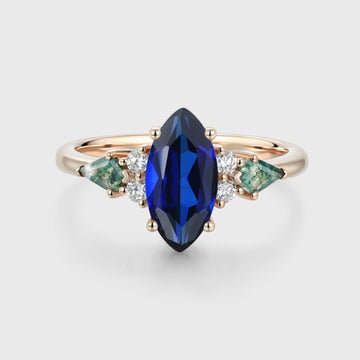 Marquise cut Lab Sapphire & Moss Agate Solid Gold Engagement Ring