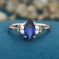 Marquise cut Lab Sapphire & Moss Agate Solid Gold Engagement Ring