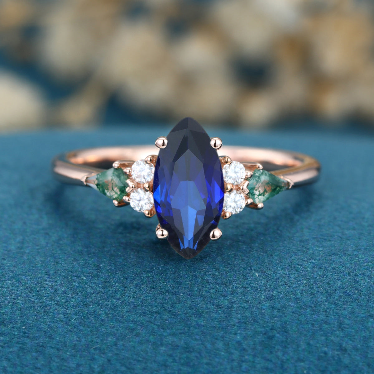 Marquise cut Lab Sapphire & Moss Agate Solid Gold Engagement Ring