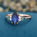 Marquise cut Lab Sapphire & Moss Agate Solid Gold Engagement Ring