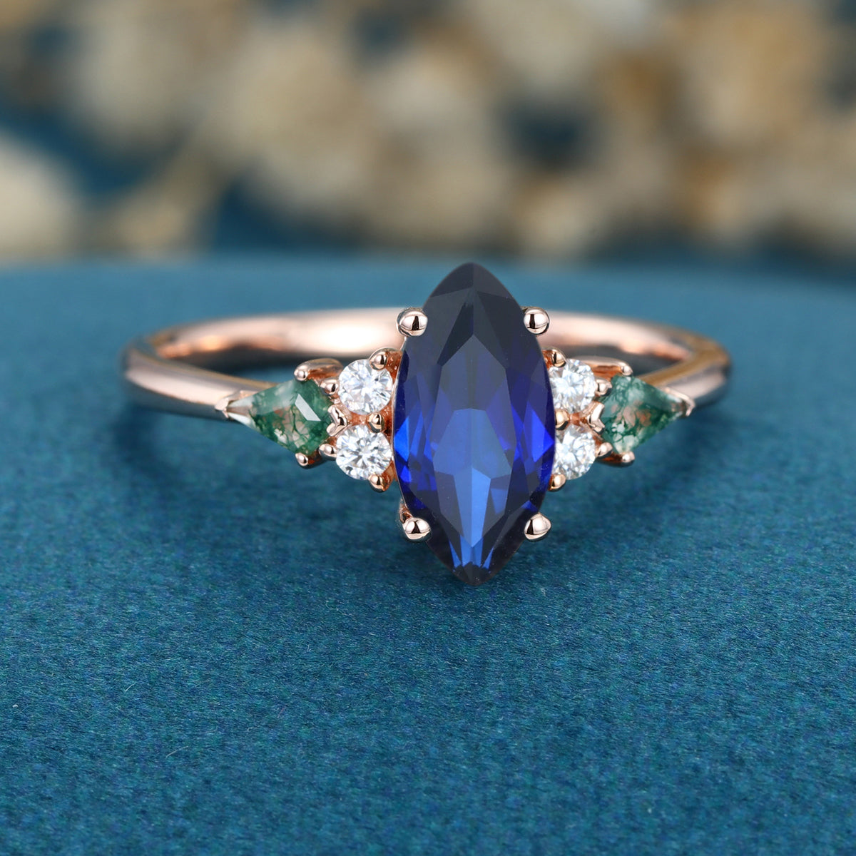 Marquise cut Lab Sapphire & Moss Agate Solid Gold Engagement Ring