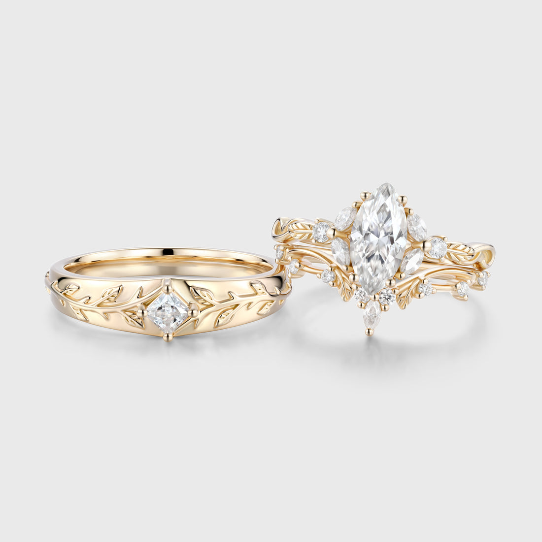 Marquise cut Moissanite Couples Ring Set- His and Hers Wedding Band Leaf Vine Floral Bridal Set