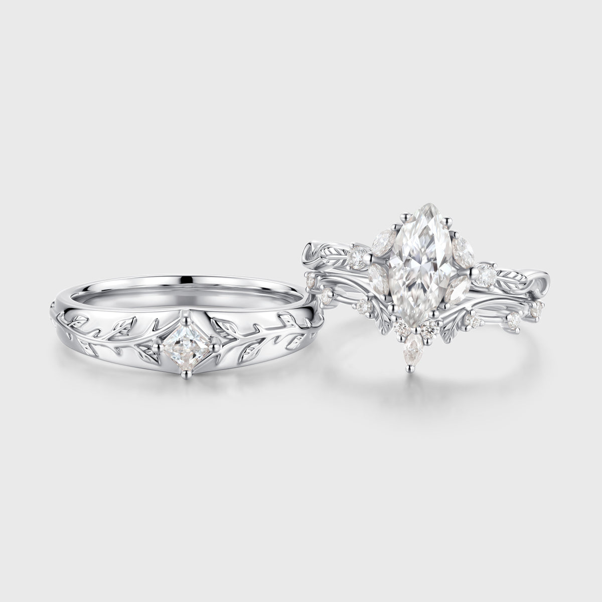 Marquise cut Moissanite Couples Ring Set- His and Hers Wedding Band Leaf Vine Floral Bridal Set