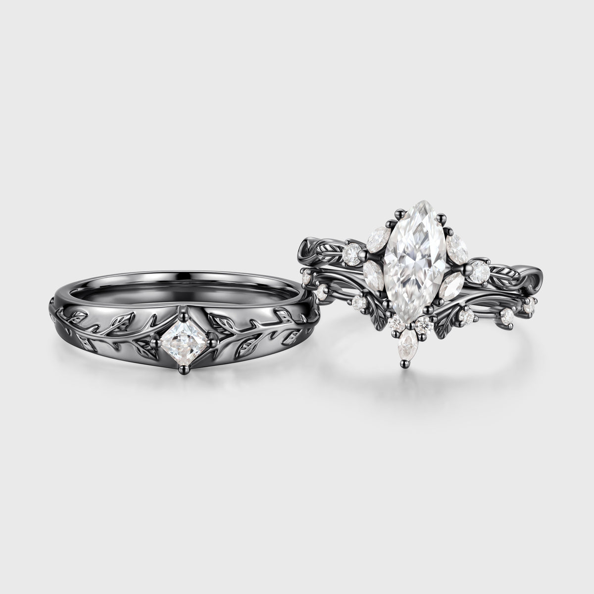 Marquise cut Moissanite Couples Ring Set- His and Hers Wedding Band Leaf Vine Floral Bridal Set