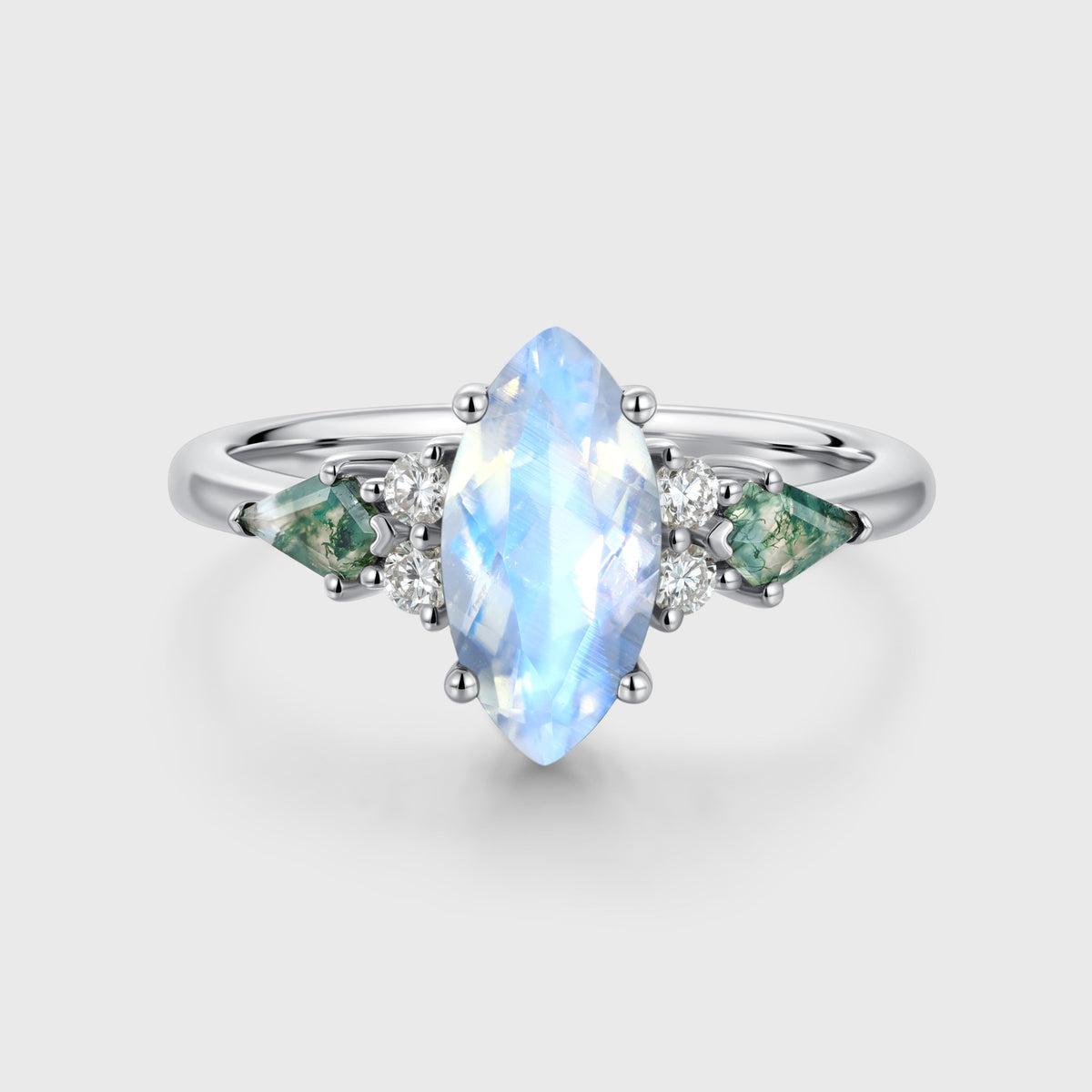 Marquise cut Moonstone & Moss Agate Solid Gold Engagement Ring