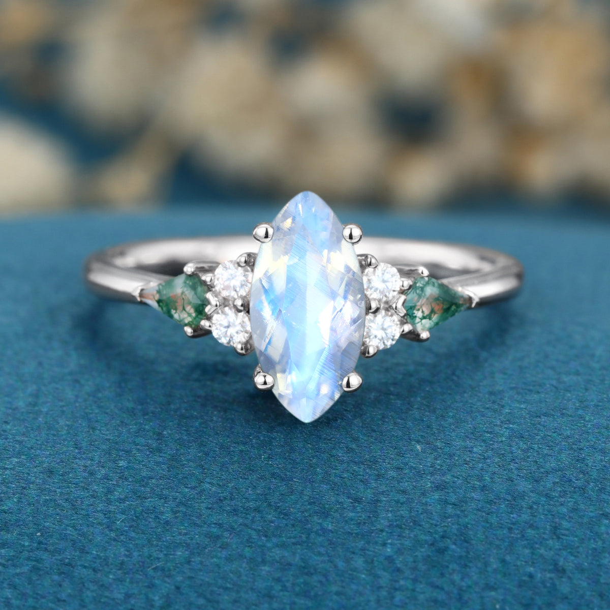 Marquise cut Moonstone & Moss Agate Solid Gold Engagement Ring