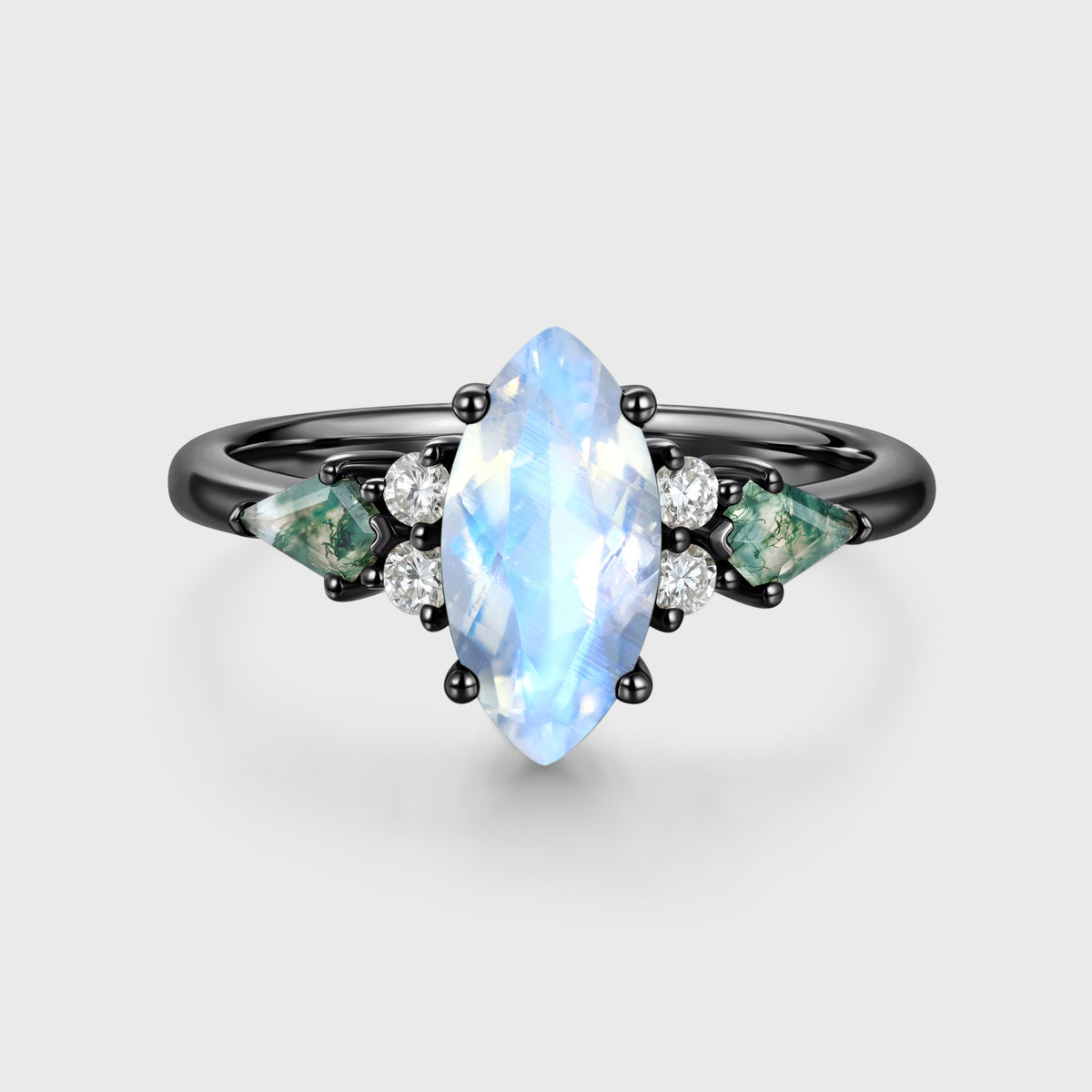 Marquise cut Moonstone & Moss Agate Solid Gold Engagement Ring