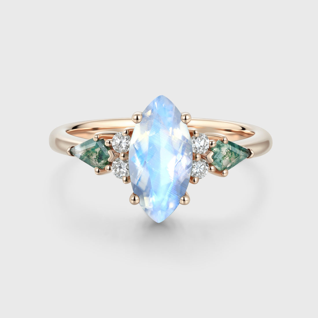 Marquise cut Moonstone & Moss Agate Solid Gold Engagement Ring