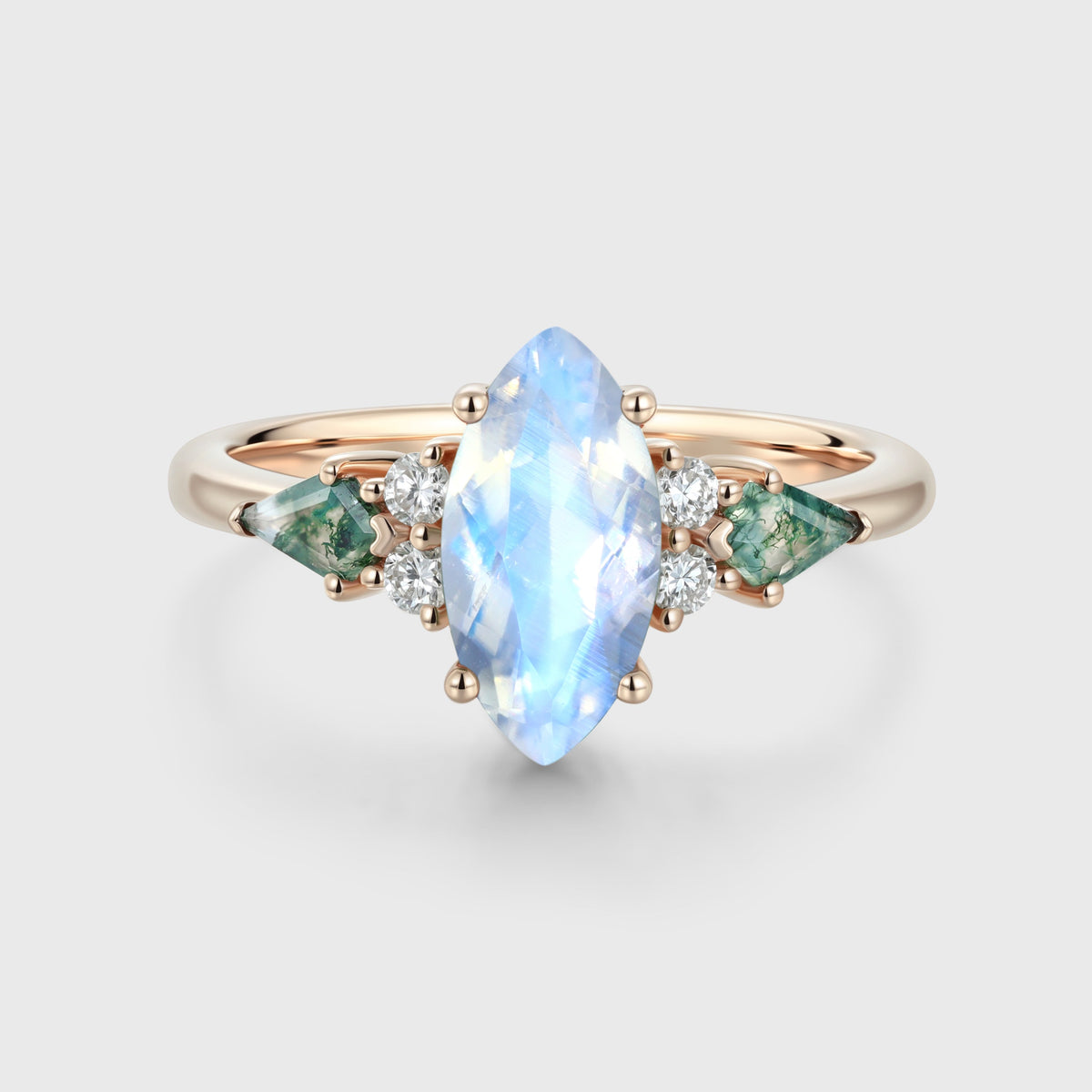Marquise cut Moonstone & Moss Agate Solid Gold Engagement Ring