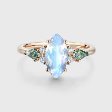 Marquise cut Moonstone & Moss Agate Solid Gold Engagement Ring