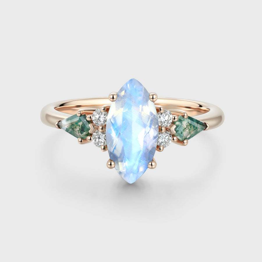 Marquise cut Moonstone & Moss Agate Solid Gold Engagement Ring