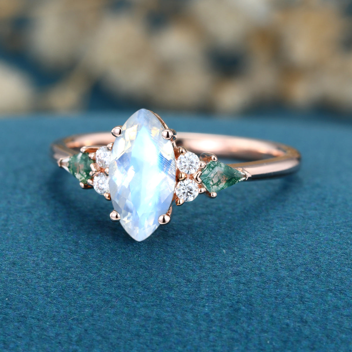 Marquise cut Moonstone & Moss Agate Solid Gold Engagement Ring