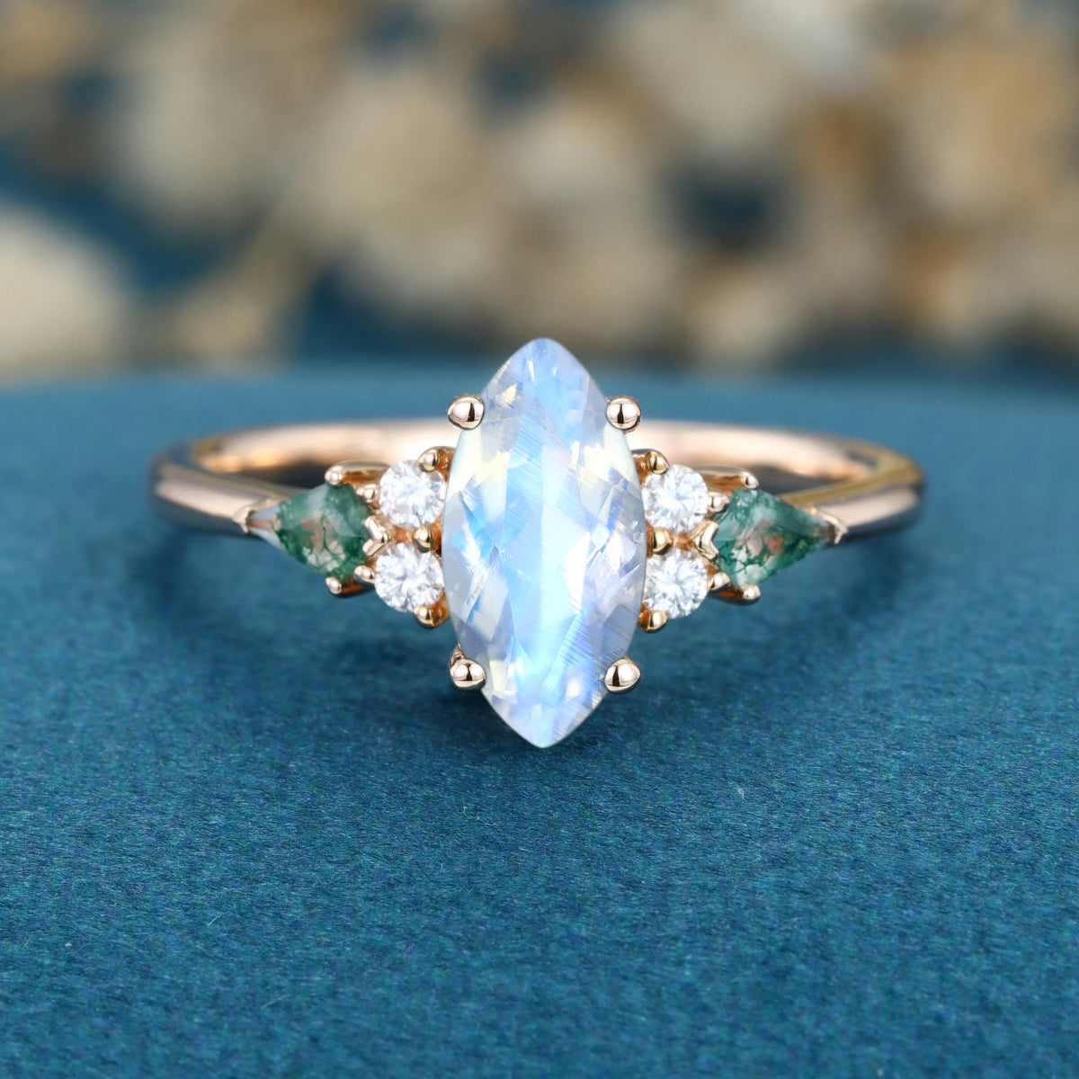 Marquise cut Moonstone & Moss Agate Solid Gold Engagement Ring